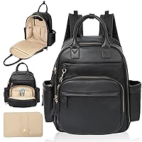 Diaper Bag Backpack,Leather Baby Bag with 16 Pockets,Large Travel Diaper Backpack,Baby Essential Organizer,4 Insulated Pockets,Changing Pad,Black