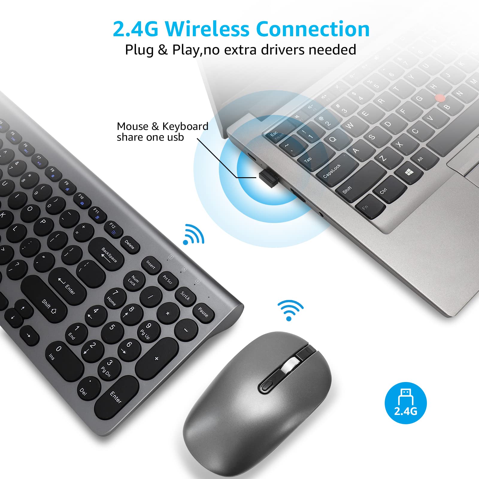 LeadsaiL Wireless Keyboard and Mouse Combo, Wireless USB Mouse and Computer Keyboard Set, Compact and Silent for Windows Laptop, Desktop, PC- Grey