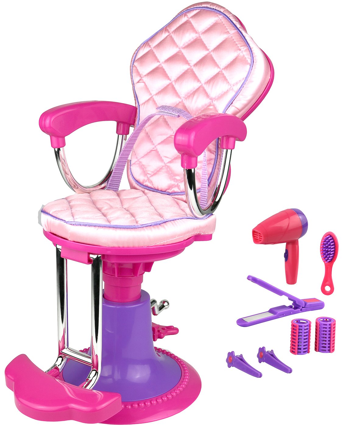 Pretend Play Hair Salon Toy for Girls, Click N' Play Doll Salon Chair with 8 Doll Hair Accessories: Chair, Hair Brush, 2 Hair Clips, 2 Curlers - Doll Accessories - Girl Gift Ages 3+, Pink & Purple