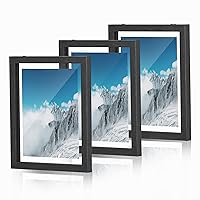 SONGMICS Picture Frames, Set of 3 Floating Photo Frames for 4 x 6, 5 x 7, 6 x 8, 8 x 10 Inch Pictures, with Double Glass, for Tabletop Display or Wall Hanging, MDF, Black RPF380B01