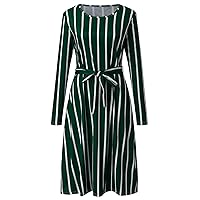 Andongnywell Women's Striped Flowy Belt Dress Stripe Swing Midi Dress Long Sleeve Round Neck Belted Dress