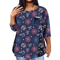 4Th of July Shirt, Plus Size Outfits for Women Petite Tops for Women Women's Casual Independence Day Printing Blouse 3/4 Sleeve Shirt Fashion Round Neck Summer Plus Size 2024 (Navy,3X-Large)