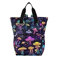 Colorful Mushrooms Black Diaper Bag Backpack for Dad Mom Large Capacity Baby Changing Totes with Three Pockets Multifunction Diaper Bag Tote for Picnicking Shopping Travelling