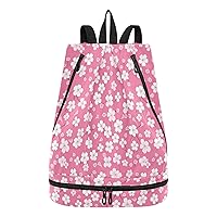 Flowers Floral Pink Drawstring Backpack Bag for Women Men Sports Gym Bag with Wet & Dry Compartments Durable Gym Bag Great for Running Cycling Walking Camping