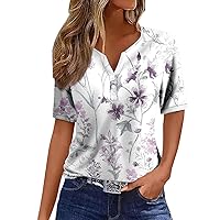 Womens Tops 2024 Boho Vacation Short Sleeve V Neck Comfy Loose Tops for Women Top Tees T Shirt