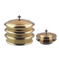 Communion Ware 3 Holy Wine Serving Trays with A Lid & 2 Stacking Bread Plates with A Lid - Stainless Steel (Brass/Gold Shiny)