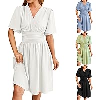 Women's Spring/Summer V Neck Waist Midi Dress Flared Short Sleeves Fashion Casual Dress Beach Loose Pleated Dresses