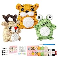 Crochet Kits for Beginners Adults, 3 Pcs Crochet Starter Kit for Adults & Kids Cute Animals Knitting Kit with Step-by-Step Video Tutorials (Elk+Frog+Tiger)
