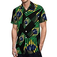 Brazil American Flag Casual Mens Short Sleeve Shirts Slim Fit Button-Down T Shirts Beach Pocket Tops Tees