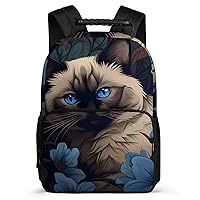 Siamese Cat Floral Flower 16 Inch Backpack Laptop Backpack Shoulder Bag Daypack with Adjustable Strap for Casual Travel