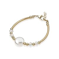 Delicate Gold Little Girl Banglet Bracelet - With White Coin and Gold Beads - Perfect for Birthday Gifts, Flower Girl (BN13)