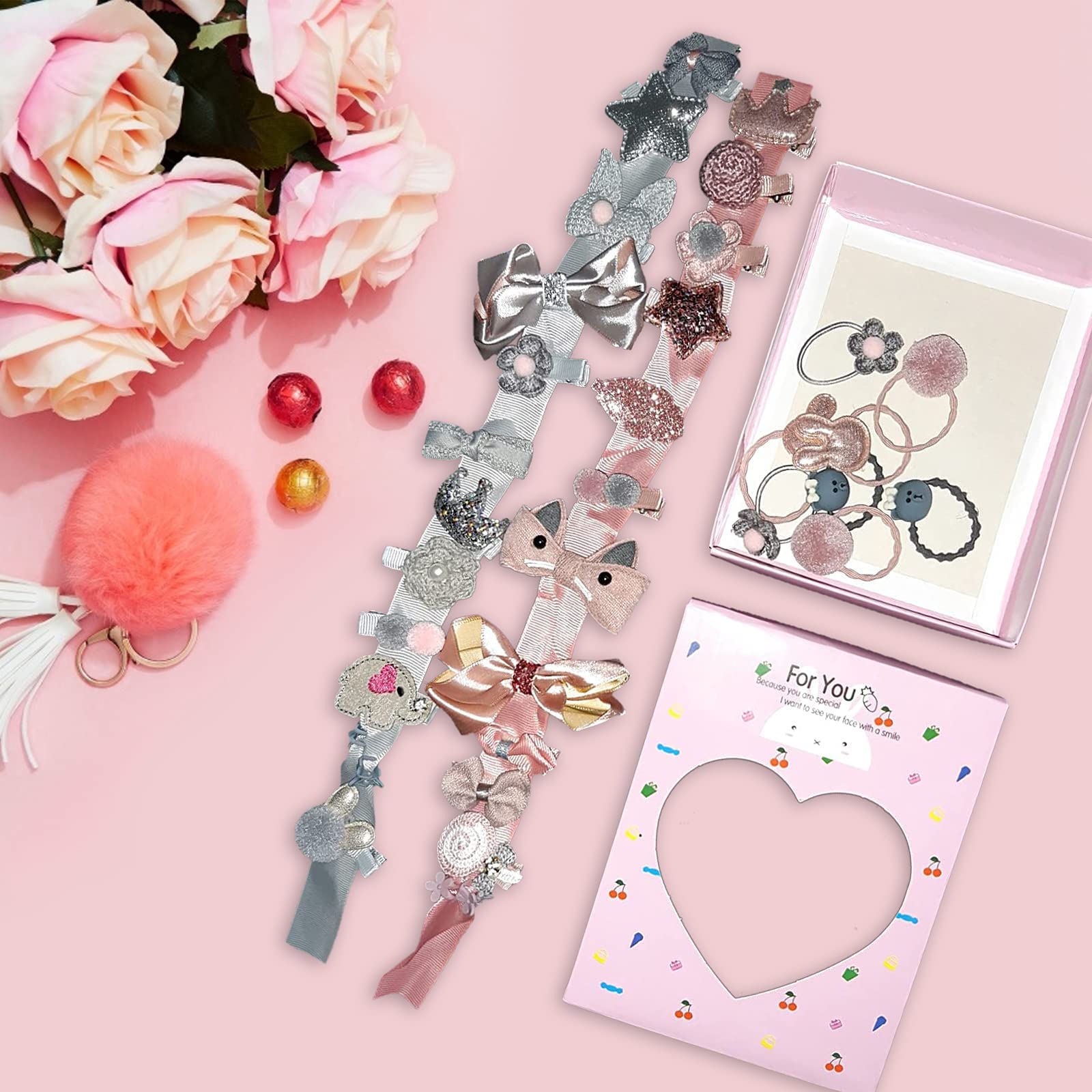 Baby Girl's Hair Clips Cute Hair Bows Baby Elastic Hair Ties Hair Accessories Ponytail Holder Hairpins Set For Baby Girls Teens Toddlers, Assorted styles, 36 pieces Pack(Pink+Grey)