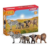 Schleich Wild Life - Starter Set, Includes 4 x Collectible Toy Animals, Zebra, Lion, Baby African Elephant and Infant Chimpanzee Animals Toys for Kids Ages 3+