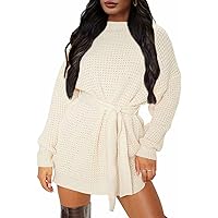 ZESICA Women's 2024 Fall Long Sleeve Solid Color Waffle Knitted Tie Wasit Tunic Pullover Sweater Dress