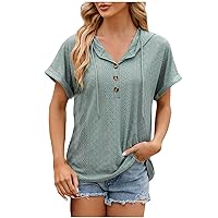 Women Summer Short Sleeve Hoodies Casual Hooded T Shirts Casual Eyelet Tops V Neck Button Blouses Tee Workout Top