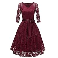 Women's Elegant Frilled Long Sleeve Pleated A Line Evening Party Dress Maroon