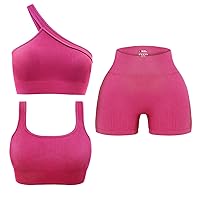 OLCHEE Womens 3 Piece Workout Sets - Seamless Ribbed Yoga Outfits Sports Bra One Shoulder Top Biker Shorts Gym Athletic Cloth