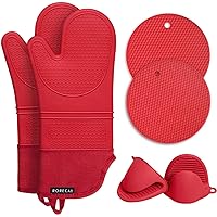 Rorecay Extra Long Oven Mitts and Pot Holders Sets: Heat Resistant Silicone Oven Mittens with Mini Oven Gloves and Hot Pads Potholders for Kitchen Baking Cooking, Quilted Liner, Pack of 6 (Bright Red)