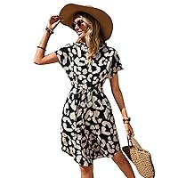 Summer Dresses for Women 2024 Allover Print Batwing Sleeve Belted Knee Length Dress