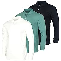 Real Essentials 3 Pack Men's Cotton Jersey Long-Sleeve Polo Shirt - Casual Workwear Office (Available in Big & Tall)