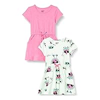 Amazon Essentials Girls and Toddlers' Knit Short-Sleeve Cinch-Waist Dresses (Previously Spotted Zebra), Pack of 2