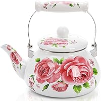 2.5L Enamel Tea Pot for Stovetop, Pink Vintage Tea Kettle with Floral Pattern, Delicate Cute Steel Water Kettle Pot with Porcelain Handle
