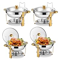 Chafing Dish Buffet Set 4 Pack, 5QT Round Chafing Dishes for Buffet with Glass Lid & Lid Holder, Stainless Steel Chafers and Buffet Warmers Sets for Catering, Parties and Weddings, Gold