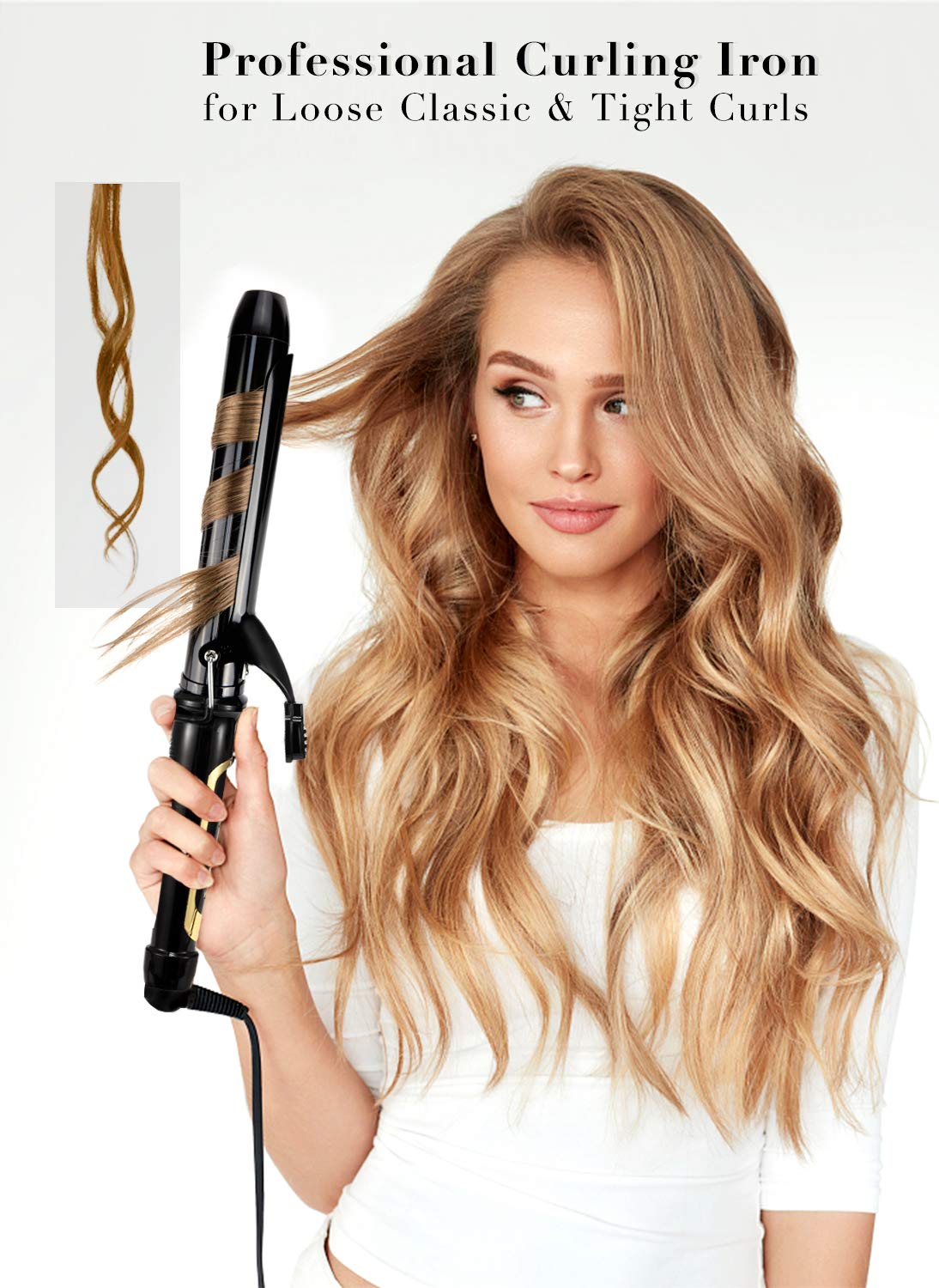 Lanvier 1.25 Inch Clipped Curling Iron with Extra Long Tourmaline Ceramic Barrel, Professional 1 1/4 Inch Hair Curler Curling Iron up to 450°F Dual Voltage for Traveling, Hair Waving Style Tool–Black