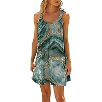 Vacation Clothes for Women 2024 Beach Dress for Women 2024 Summer Print Fashion Sparkly Loose Fit with Sleeveless Round Neck Ruched Dresses Green 3X-Large