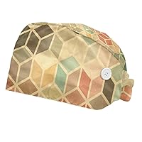 Beautiful Rhombus Hexagon 2 Pieces Working Cap with Button Printed Bouffant Turban Cap Adjustable Bouffant Hair Cover