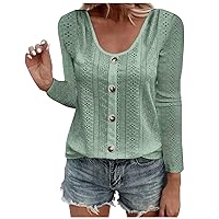 Womens Summer Eyelet Trendy Long Sleeve Tops Button Crewneck Casual Loose Fit Comfy Solid Color Shirts Blouses