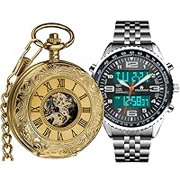 VIGOROSO Mens Pocket Watch with Chain Half Hunter Double Cover Skeleton Mechanical Watches Gold Roman Numeral in Box Men's LED Analog Digital Date Week Sports Outdoor Steel Blue Dial Watch