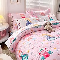 Wajade Kids Pink Princess Comforter Set Bed in A Bag Full Size 7 Piece Princess Fairy Tales Castle Bedding Set for Girl (1 Comforter, 1 Flat Sheet, 1 Fitted Sheet, 2 Pillowcase and 2 Pillow Sham)