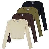 Real Essentials 4-Pack: Women's Long Sleeve Ribbed Knit Cotton Crew Neck Crop Top Shirt - (Available in Plus)