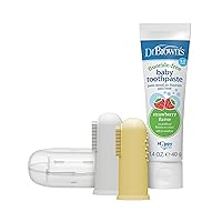 100% Silicone Baby Finger Toothbrush and Toothpaste Set, 2-Pack Toothbrush with Storage Case, Fluoride-Free Strawberry Toddler Toothpaste, Gray & Yellow