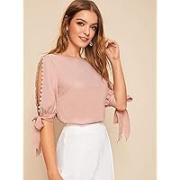 Women's Shirts Women's Tops Shirts for Women Faux Pearl Self-Tie Split Sleeve Top (Color : Pink, Size : Large)