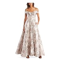 Womens Beige Embroidered Zippered Ballgown Floral Short Sleeve Sweetheart Neckline Maxi Formal Fit + Flare Dress Petites 14P
