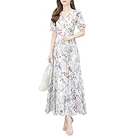 Women's Short Puff Sleeve V-Neckline Elegant Floral Print A-line Party Maxi Dress