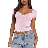 Women Square Neck Short Sleeve Crop Tops Lace Trim Slim Fit Y2K Going Out Tops Basic Tight Shirts Cropped T Shirt