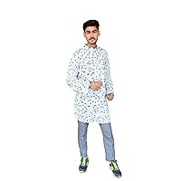Indian Men’s Shirt Cotton Kurta Loose Fit White Color Paisley Print Tunic Plus Size