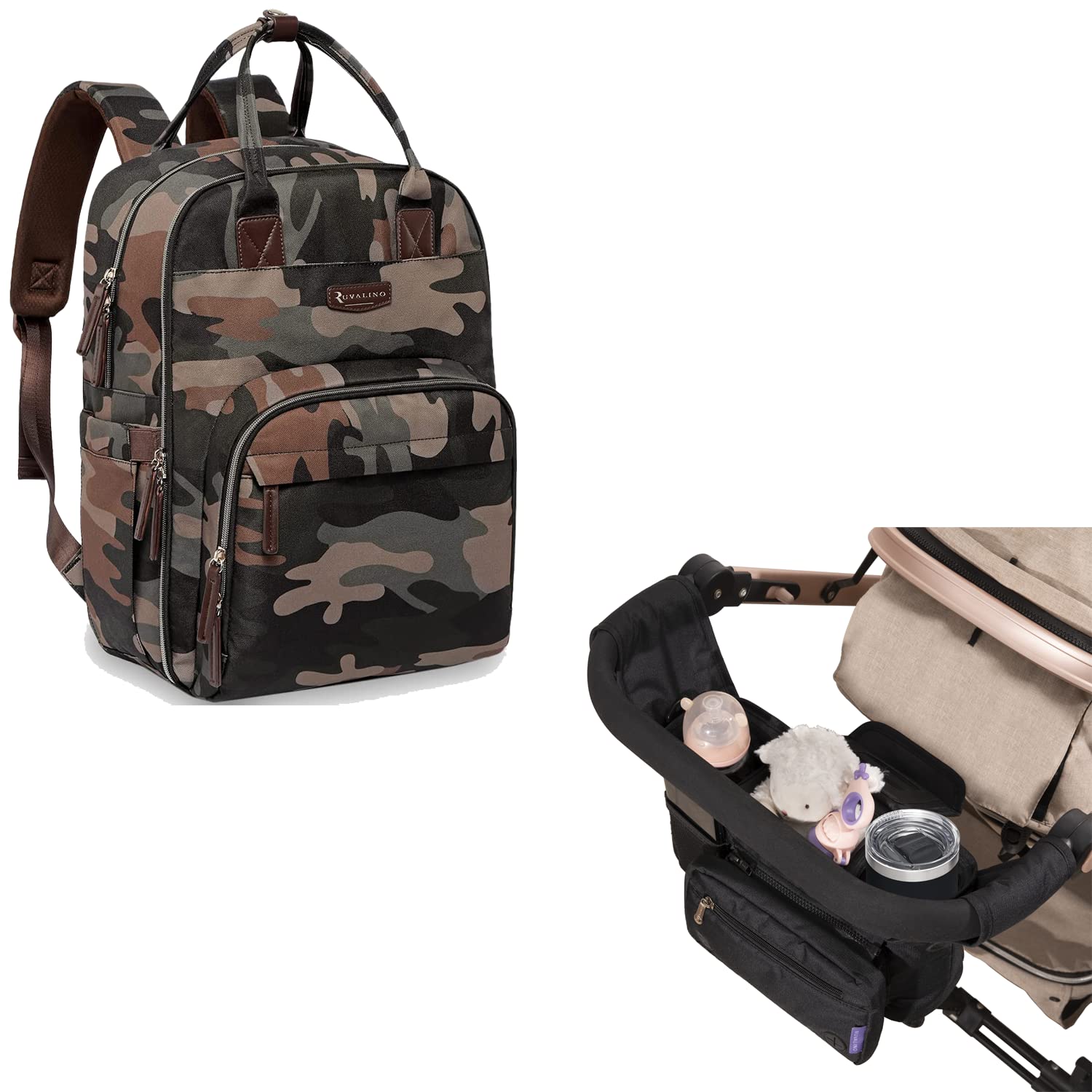RUVALINO Baby Essential Gear Set for On-The-Go Parents Diaper Bag Backpack and Stroller Organizer Bundle