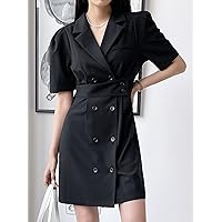 Summer Dresses for Women 2022 Double Breasted Lapel Neck Puff Sleeve Dress Dresses for Women (Color : Black, Size : Small)