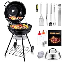 22-in Charcoal Grill & BBQ Accessories(18Pcs), Joyfair Outdoor Camping Kettle Smoker, Enamel Coating & Premium Iron Grill, Melting Dome with Whole Set Grilling Tools For Barbecue Smoking Cooking