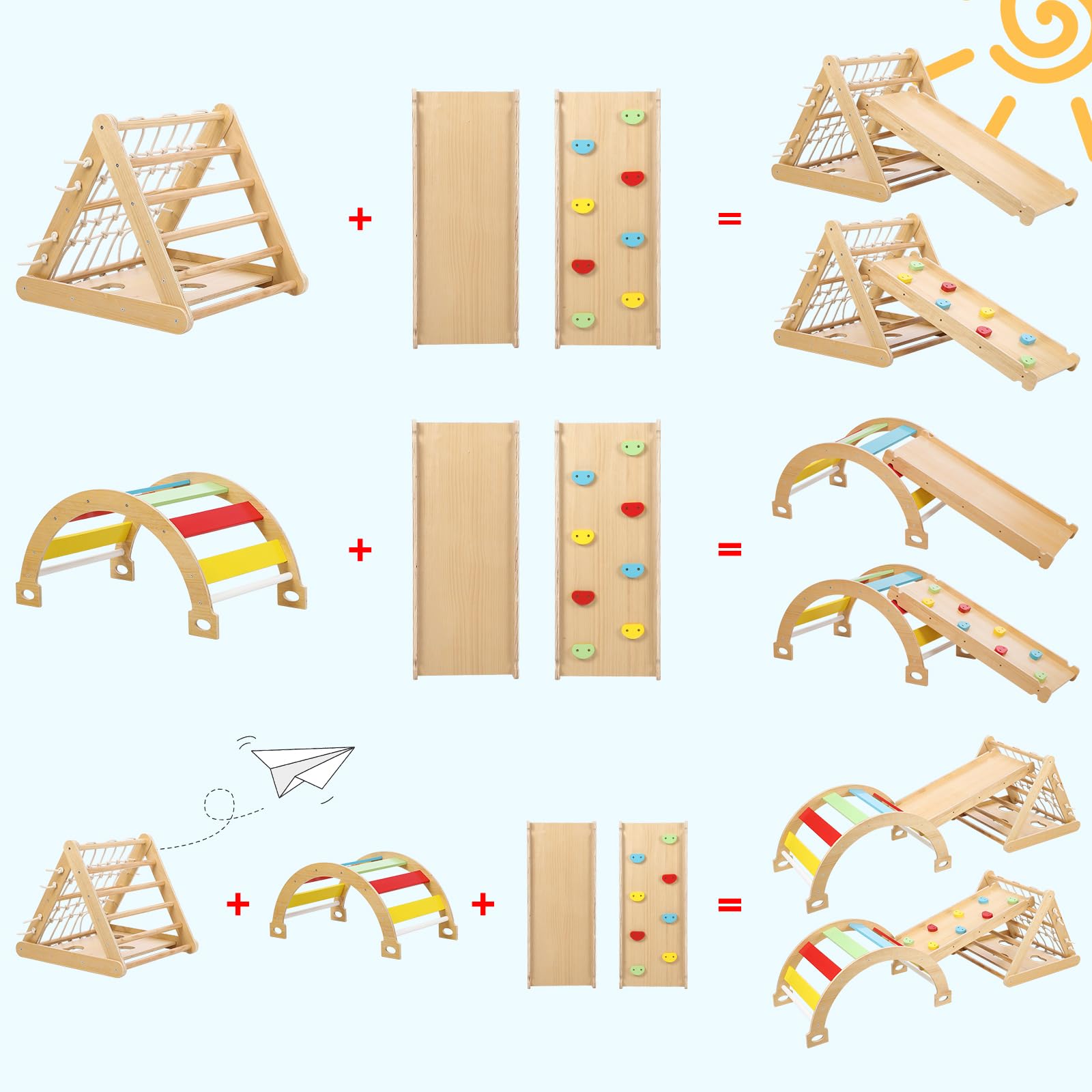 Toddler Indoor Gym Playset, 3in1 Wooden Climbing Toys, 3-Sided Wooden Triangle Climber with Climbing Net,Sliding Ramp, Sandbags & Board for Boys Girls Gift,Home & Daycare