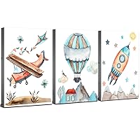 Airplane Wall Art Nursery Playroom Wall Decor Cartoon Rocket Canvas Pictures for Kids Bedroom Boys Bathroom Home Decoration Watercolor Artworks Hot Air Balloon Posters Toddler Room Painting 8x12