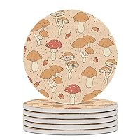 Mushroom Plant Ceramic Coaster with Cork Base Absorbent Drink Coaster Great Gift for Housewarming Room Decor Bar Round 4 Inches 6PCS