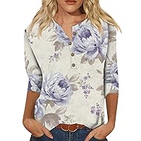 Womens Tops, 3/4 Sleeve Shirts for Women Button Down Cute Print Graphic Tees Blouses Casual Basic Tops Pullover