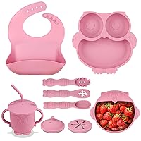 Silicone Baby Feeding Set, 12 PCS Baby Led Weaning Supplies with Suction Baby Plate and Bowl Set, Baby Spoon and Fork, Adjustable Bib, Sippy Cup with Straw and Lid, Baby Utensils for 6+Months（Pink）