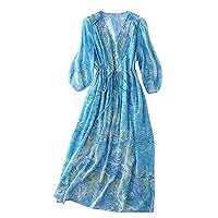 Women Dress Silk Floral Printed V Neck Ruffles Half Sleeve Drawstring Waist Blue Vacation Skirt 2824