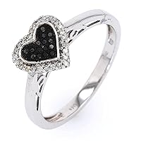 925 Sterling Silver Single Cut 57 Round Black and White Diamond 0.9 Ctw Heart Ring for Women and Girls